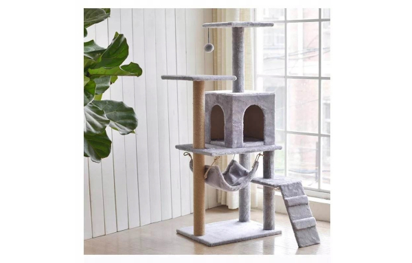 Drapak dla kota słupek szary 5 poziomów - domek, legowisko, hamak, drabinka